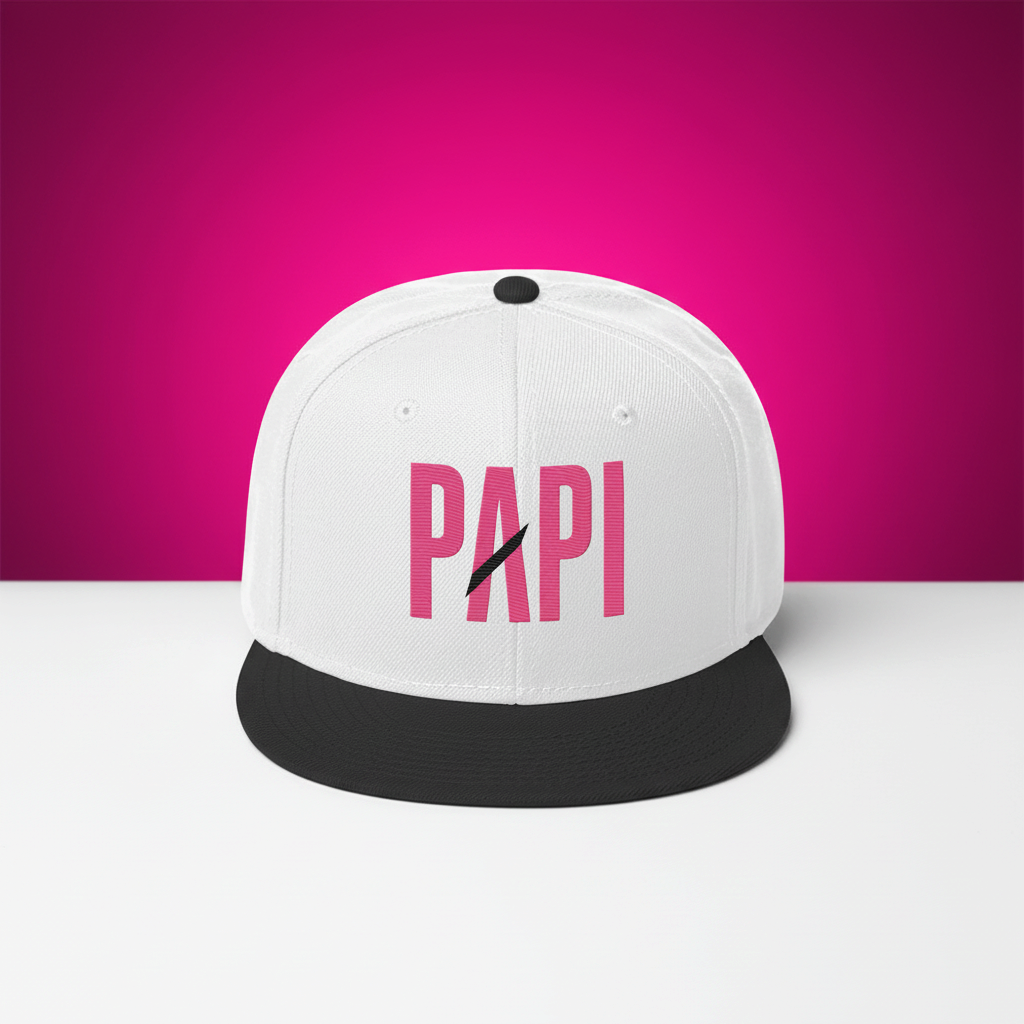 Flaunt It white snapback hat with pink PAPI embroidery and a black flat brim against a vibrant pink background.
