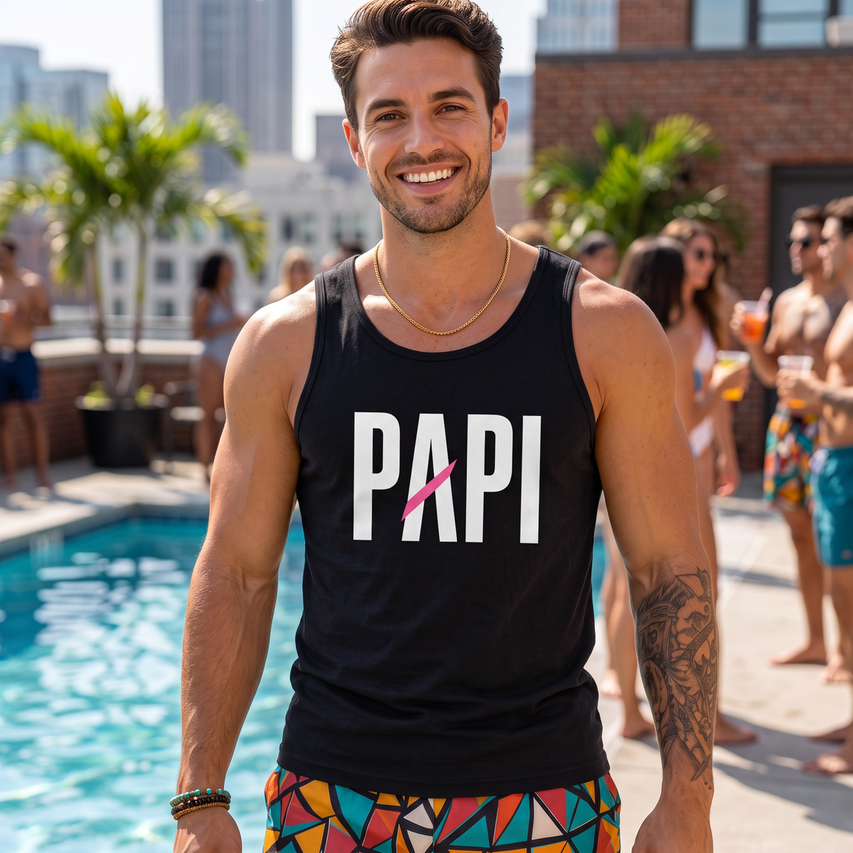 Flaunt It Papi premium unisex black tank top with white text and pink slash design worn by a man at a pool party.