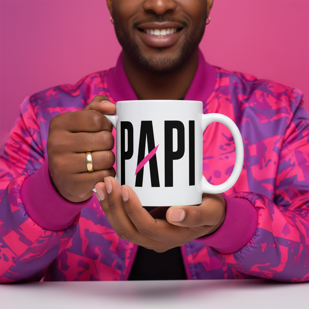 Flaunt It white ceramic mug with PAPI text and pink slash held by a man in a matching pink patterned jacket