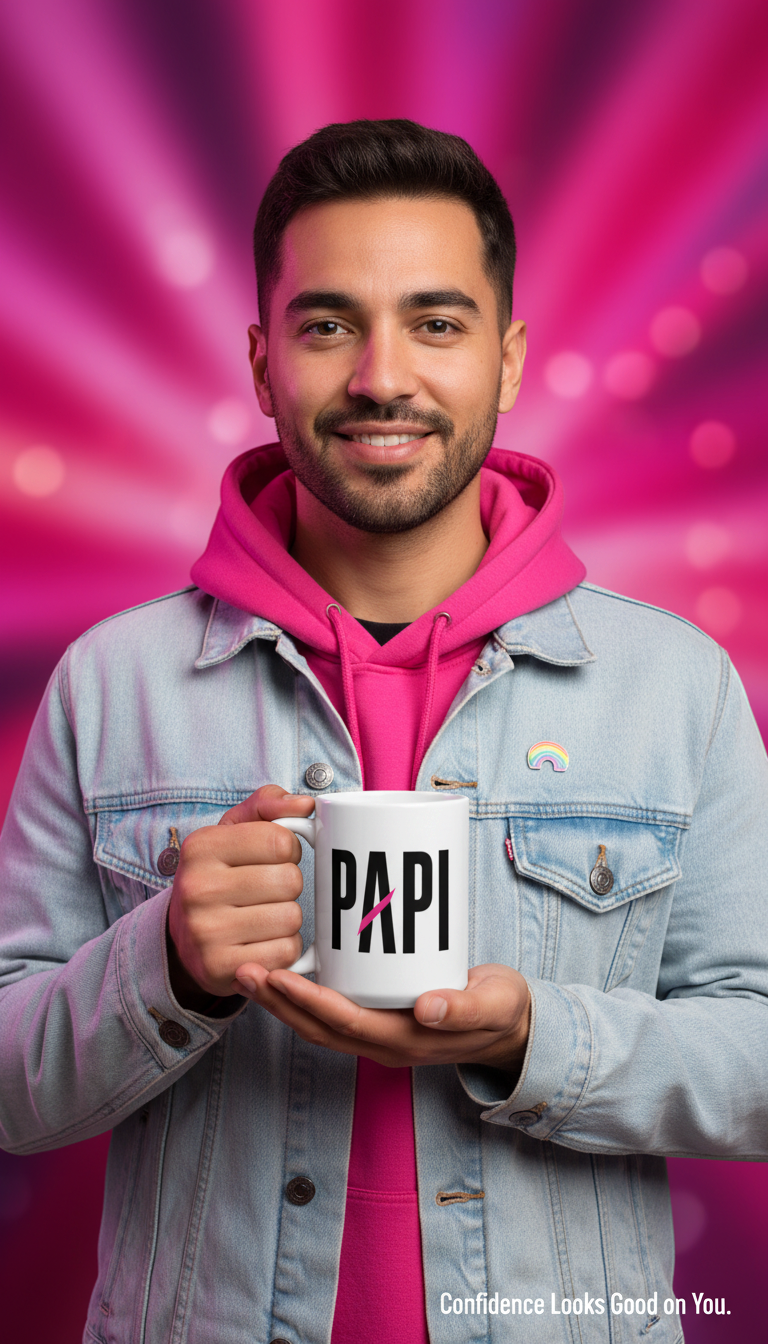 Flaunt It Papi white glossy ceramic mug with pink slash detail held by a smiling man in a pink hoodie and denim jacket