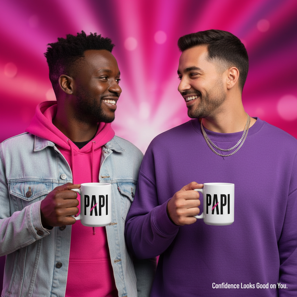 Two men smiling while holding Flaunt It white ceramic mugs with PAPI text and a pink slash design.