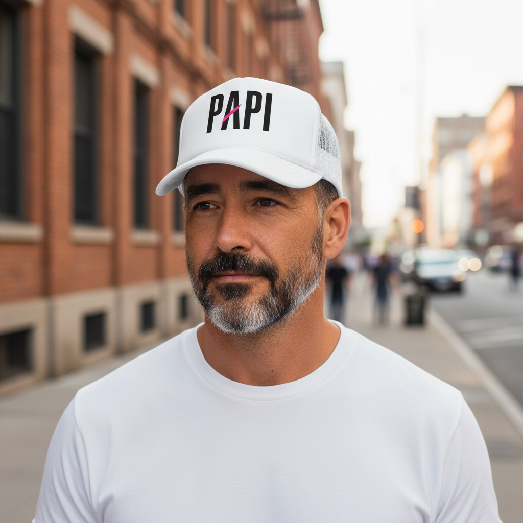Flaunt It Papi unisex white foam trucker hat with black text and pink slash detail worn by a man on a city street