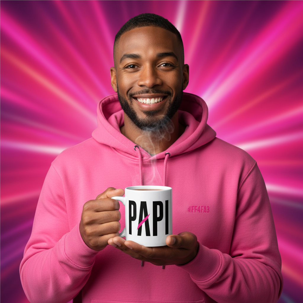 Flaunt It Papi white glossy ceramic mug with pink slash detail held by a smiling man in a matching pink hoodie.