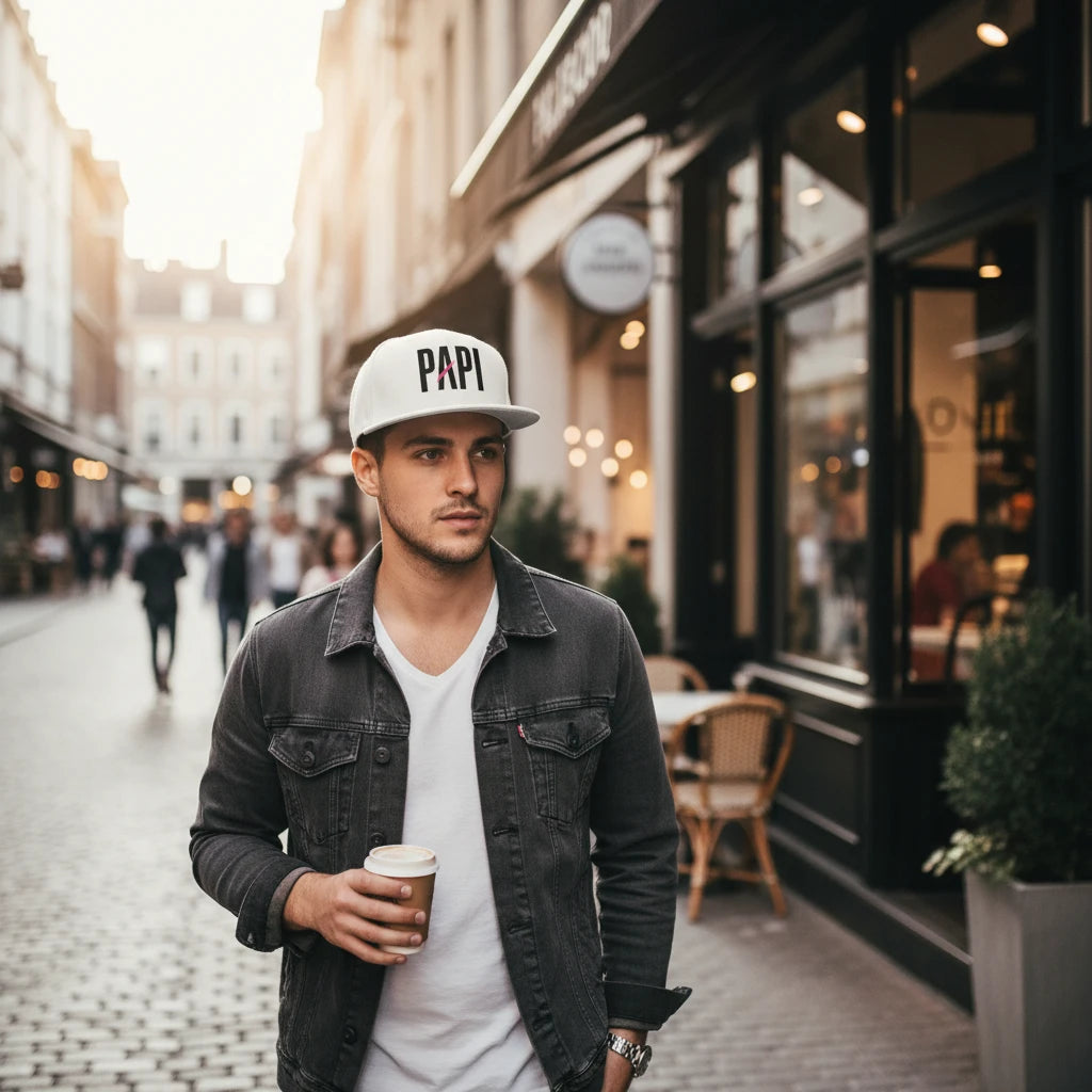 Flaunt It Papi premium white snapback hat with black embroidery worn by a man walking on a city street.