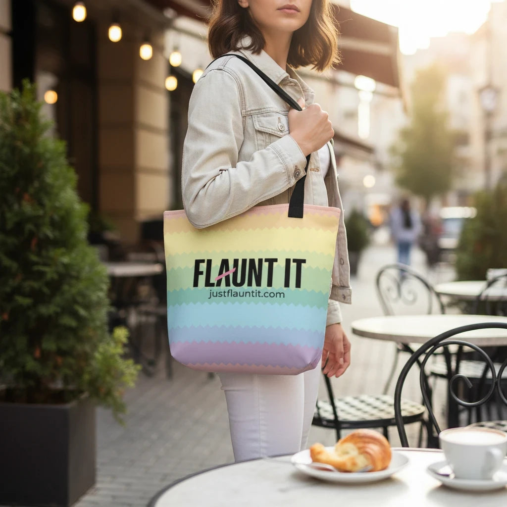 Flaunt It pastel rainbow zigzag tote bag with black logo, worn over the shoulder by a woman at an outdoor cafe.