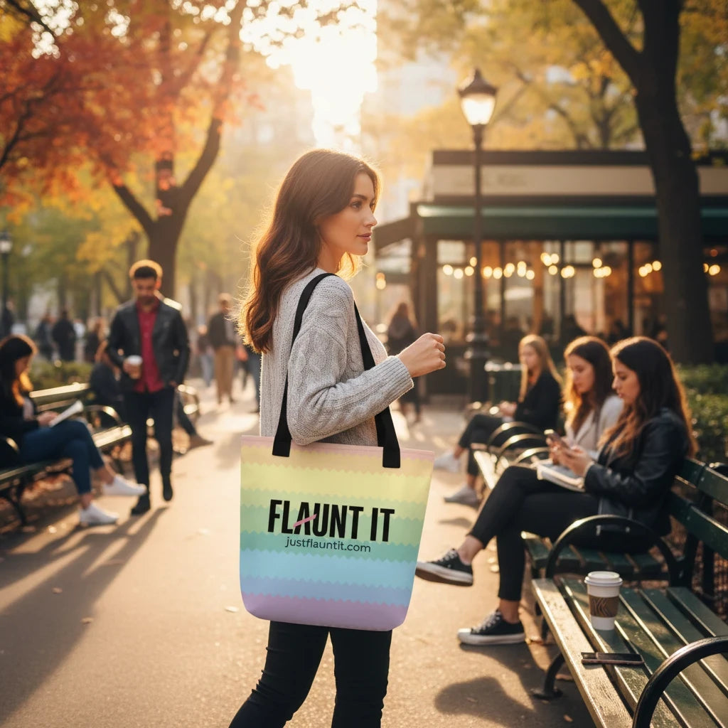 Flaunt It pastel rainbow zigzag tote bag with black handles carried by a woman in a sunny city park
