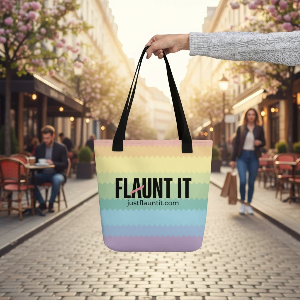 Flaunt It pastel rainbow zigzag tote bag with black handles held against a blurred Parisian street background.