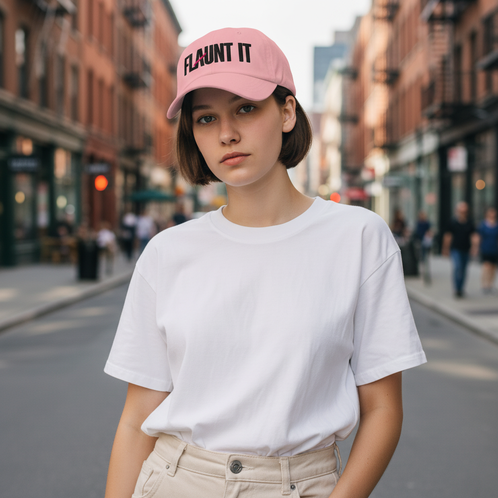 A woman wearing a pink Flaunt It logo hat with embroidered text, styled with a white t-shirt on a city street.
