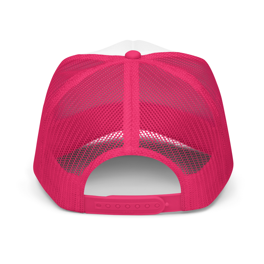 Flaunt It Mami Premium foam trucker hat in pink with a breathable mesh back and adjustable plastic snap closure.