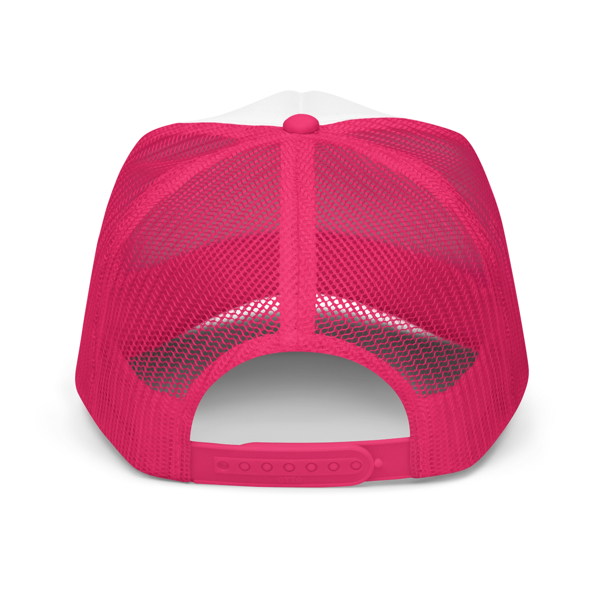Flaunt It Mami Premium foam trucker hat in pink with a breathable mesh back and adjustable plastic snap closure.