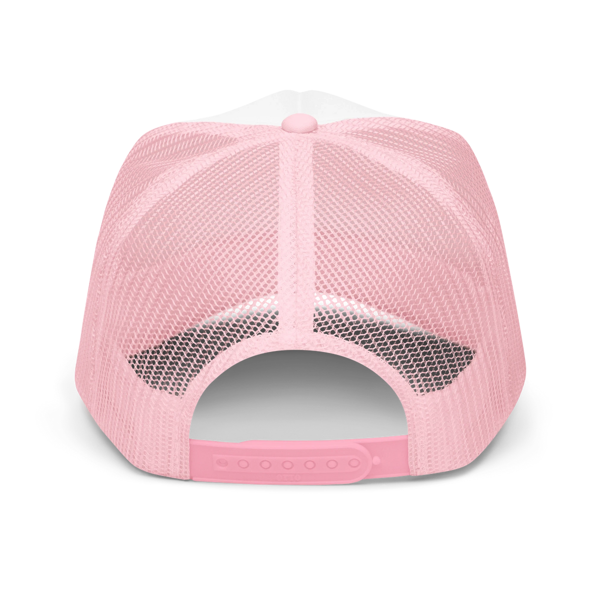 Rear view of the Flaunt It Mami Premium pink foam trucker hat with adjustable plastic snap and breathable mesh back.