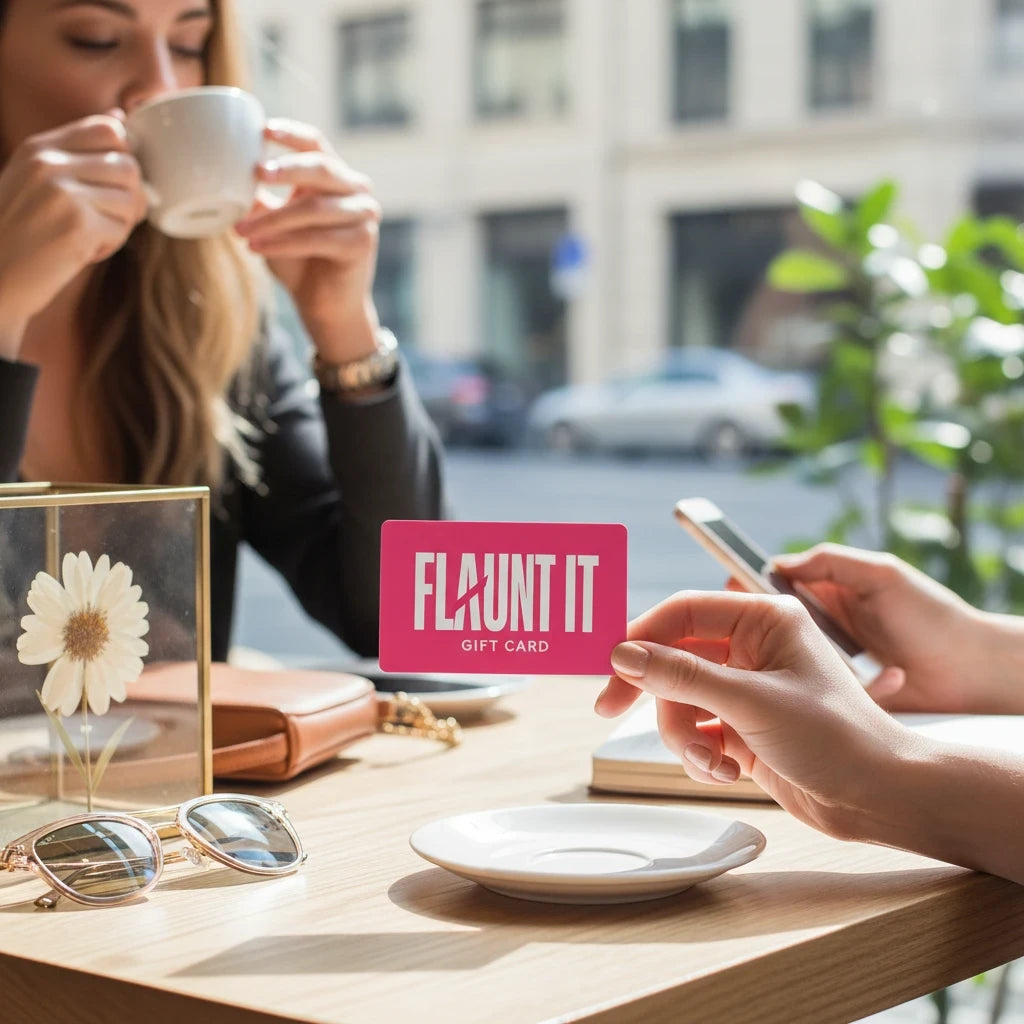 A hand holding a pink Flaunt It gift card at an outdoor cafe table with a woman drinking coffee in the background.