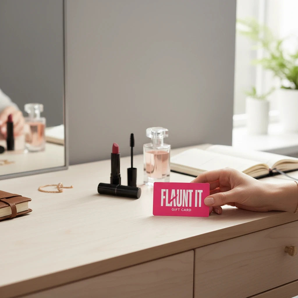 Hand holding a pink Flaunt It gift card on a vanity table with makeup and a mirror in the background.