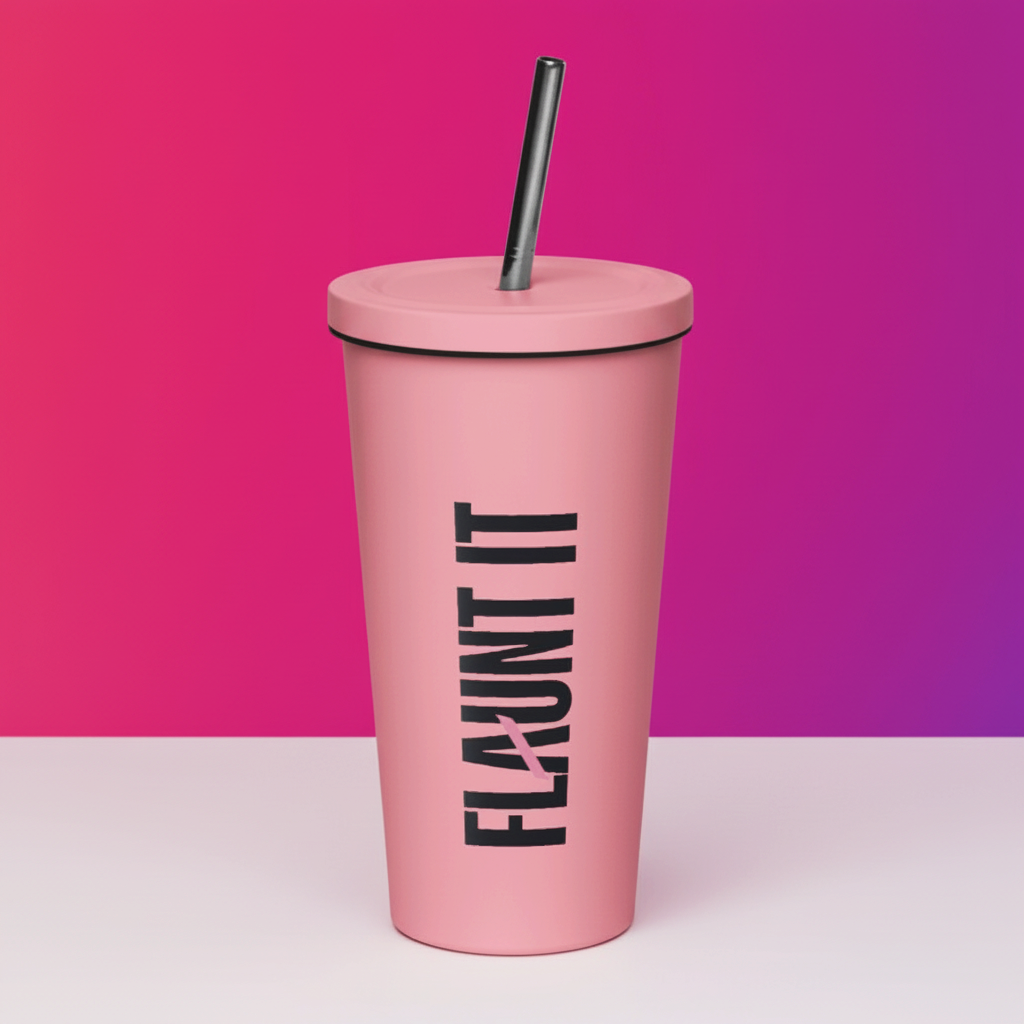 Flaunt It 20 oz pink stainless steel insulated tumbler with a reusable straw and bold black wordmark logo.