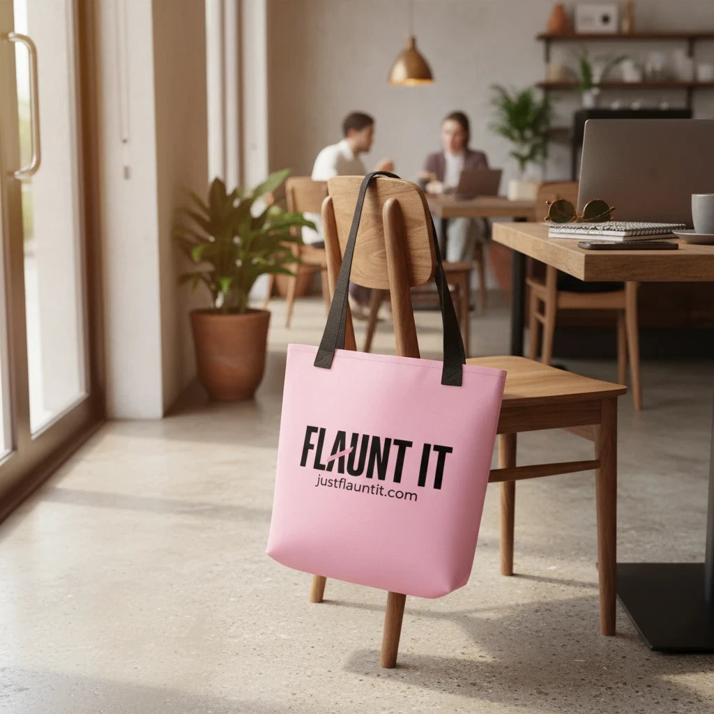 Flaunt It pink polyester canvas tote bag with black logo and web handles hanging on a wooden chair in a cafe