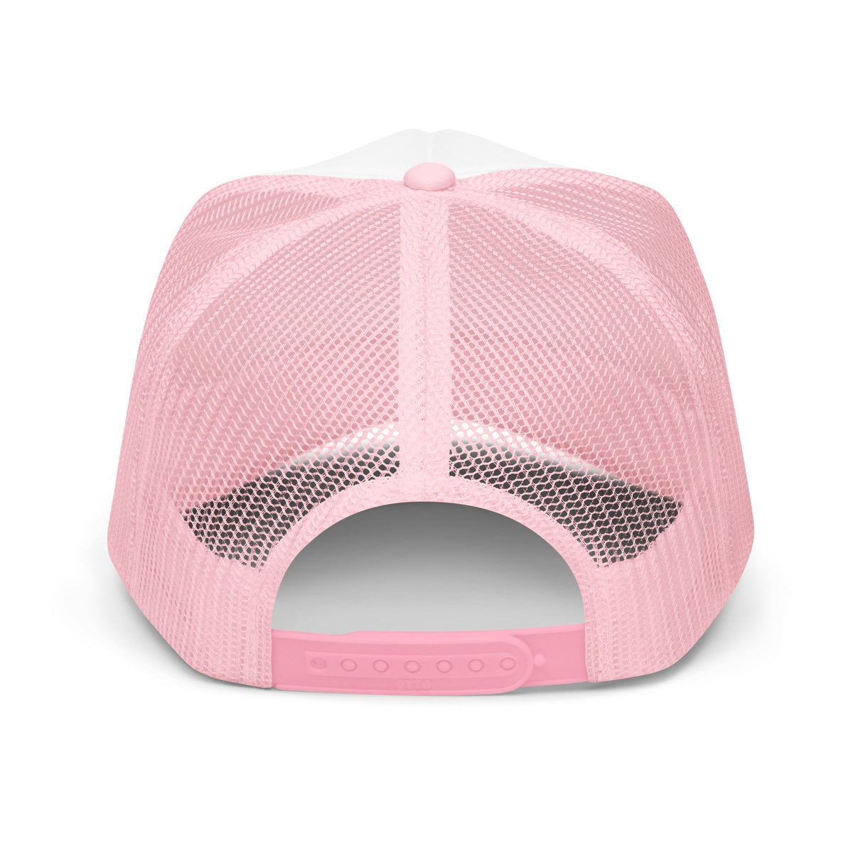 Back view of a pink and white Flaunt It snapback trucker hat with breathable mesh panels and adjustable plastic strap.