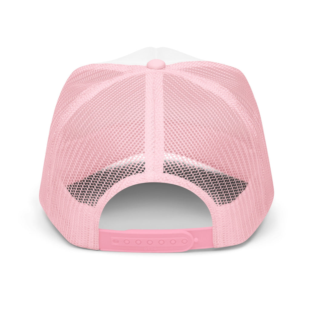 Flaunt It Proud Every Day unisex trucker cap in light pink with a breathable mesh back and adjustable snap closure.
