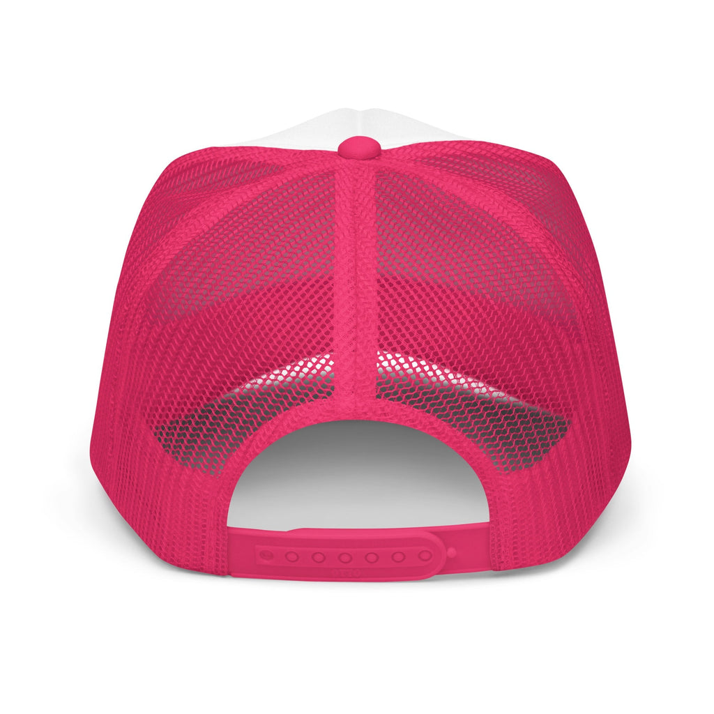 Flaunt It unisex structured 5-panel trucker cap in hot pink with a breathable mesh back and adjustable snap closure.