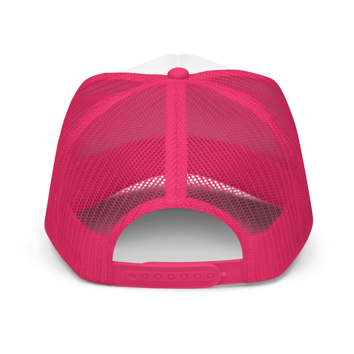 Flaunt It unisex structured 5-panel trucker cap in hot pink with a breathable mesh back and adjustable snap closure.