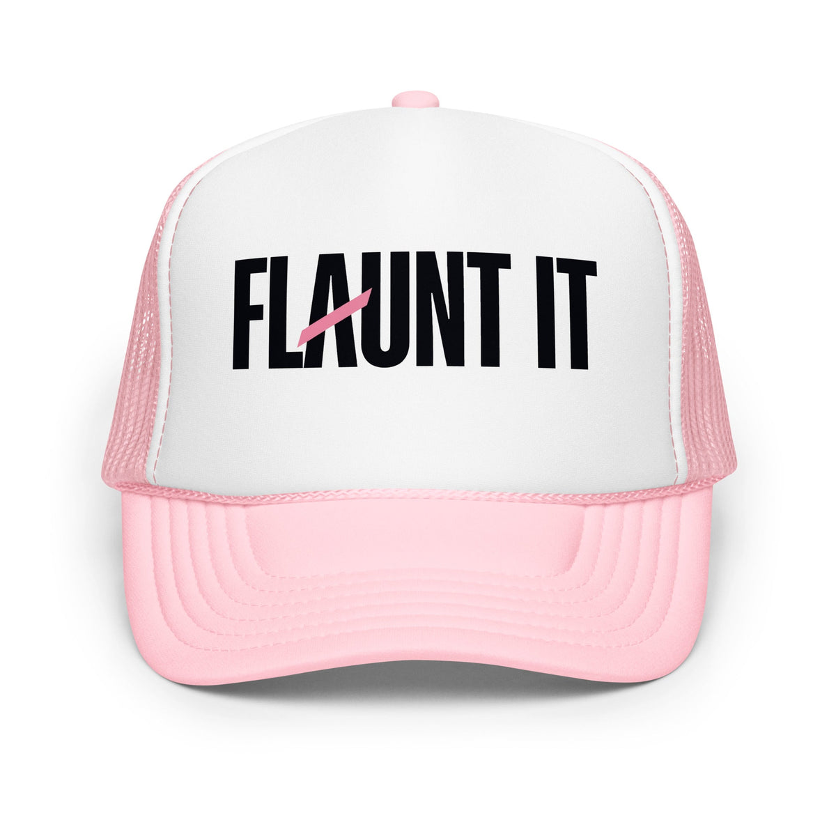 Flaunt It structured snapback cap in light pink and white with a black logo graphic on the foam front panel