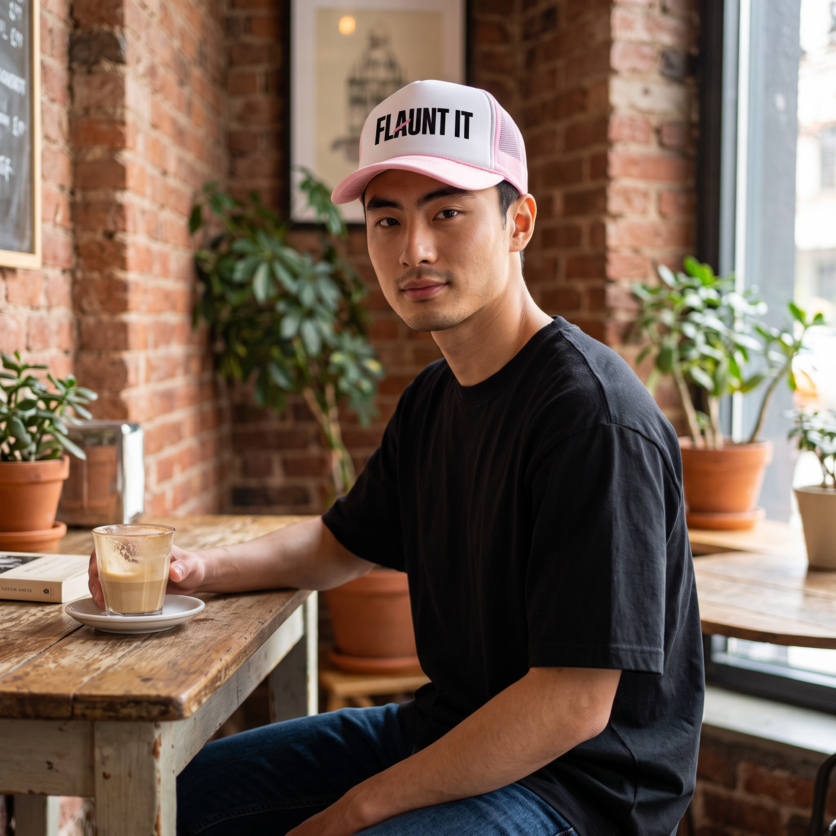 A man wearing a pink and white Flaunt It snapback cap with a black logo, sitting in a rustic brick-walled cafe.