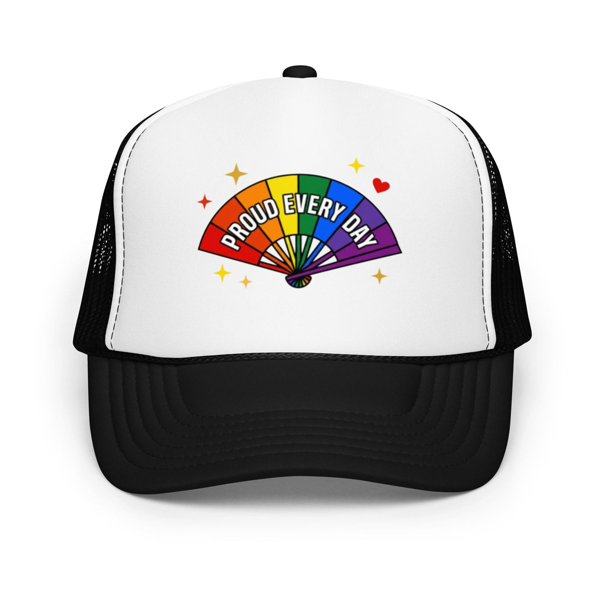 Flaunt It structured 5-panel foam trucker hat in black and white with a colorful rainbow fan Proud Every Day graphic