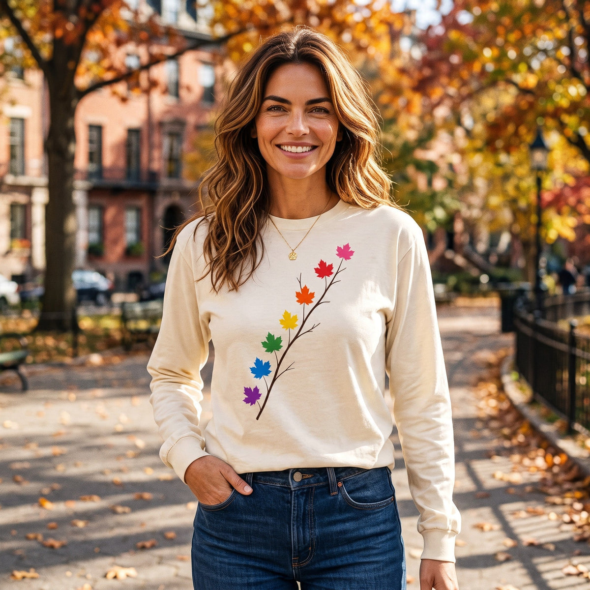 Woman wearing a Flaunt It cream long sleeve shirt with a pride maple leaf branch graphic in a park during autumn.