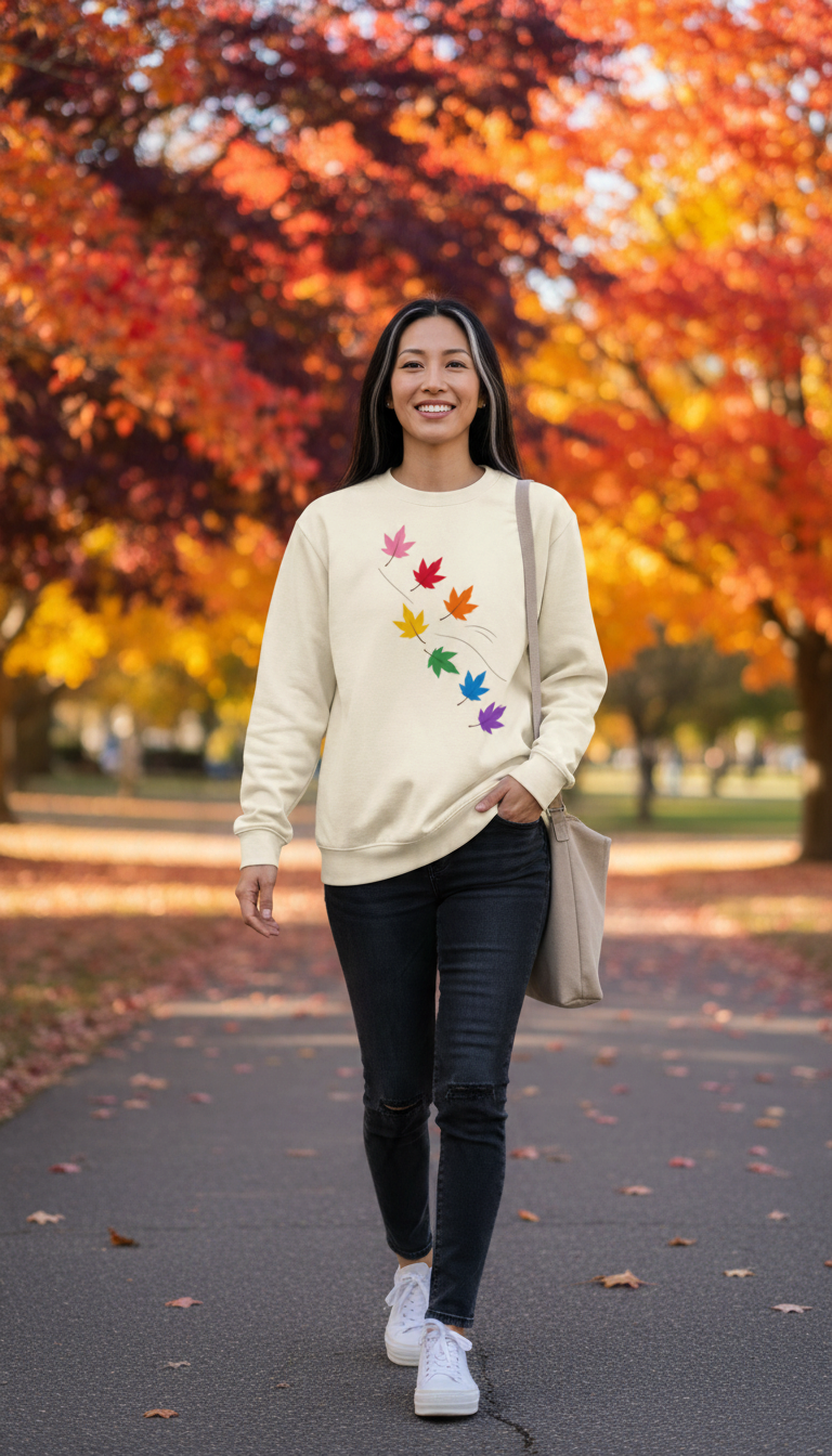 Flaunt It cream heavyweight long sleeve shirt with colorful pride maple leaf graphic worn by a smiling woman outdoors