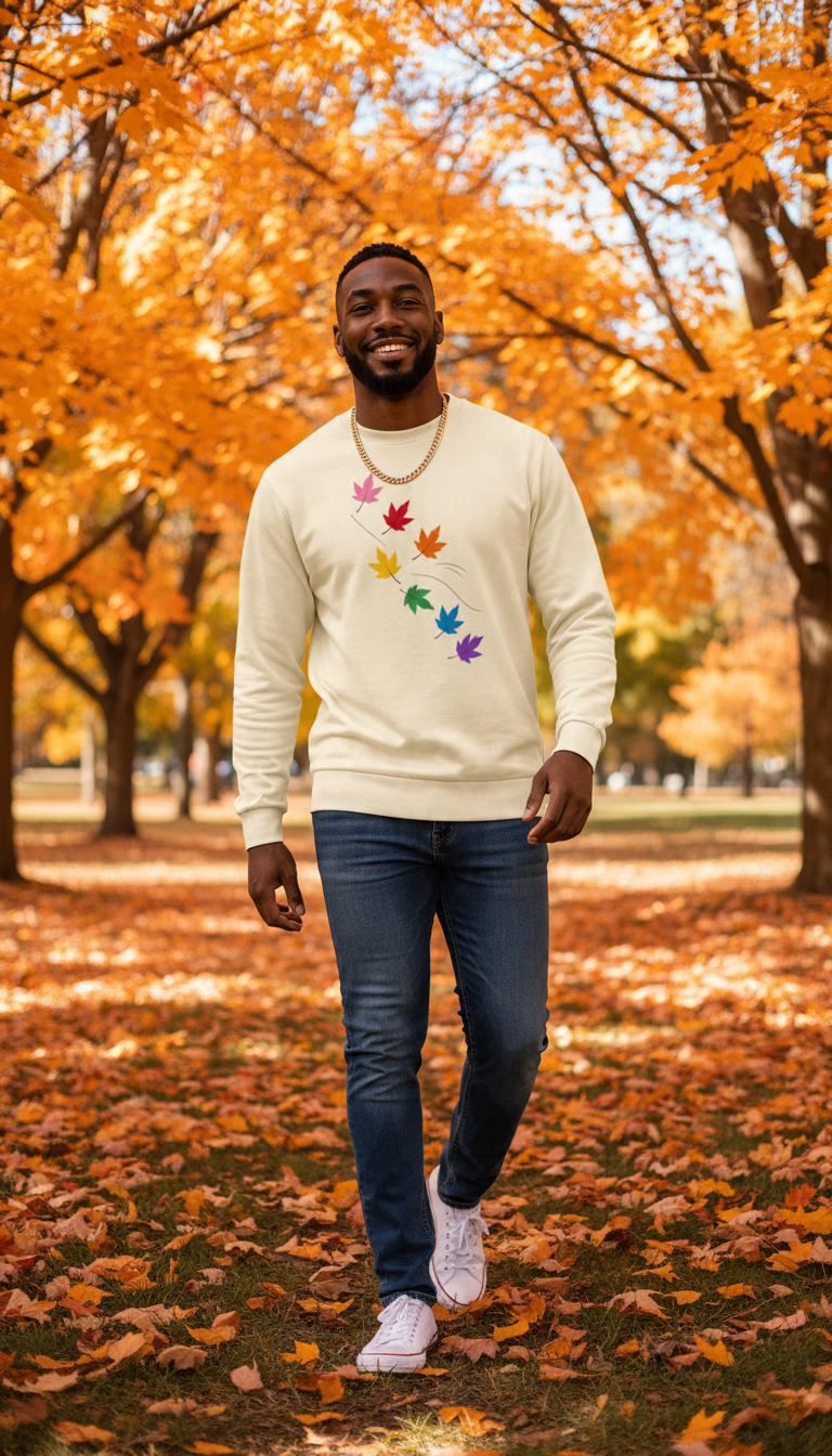 Flaunt It unisex heavyweight long sleeve shirt in cream with colorful maple leaf graphic worn by a smiling man in park