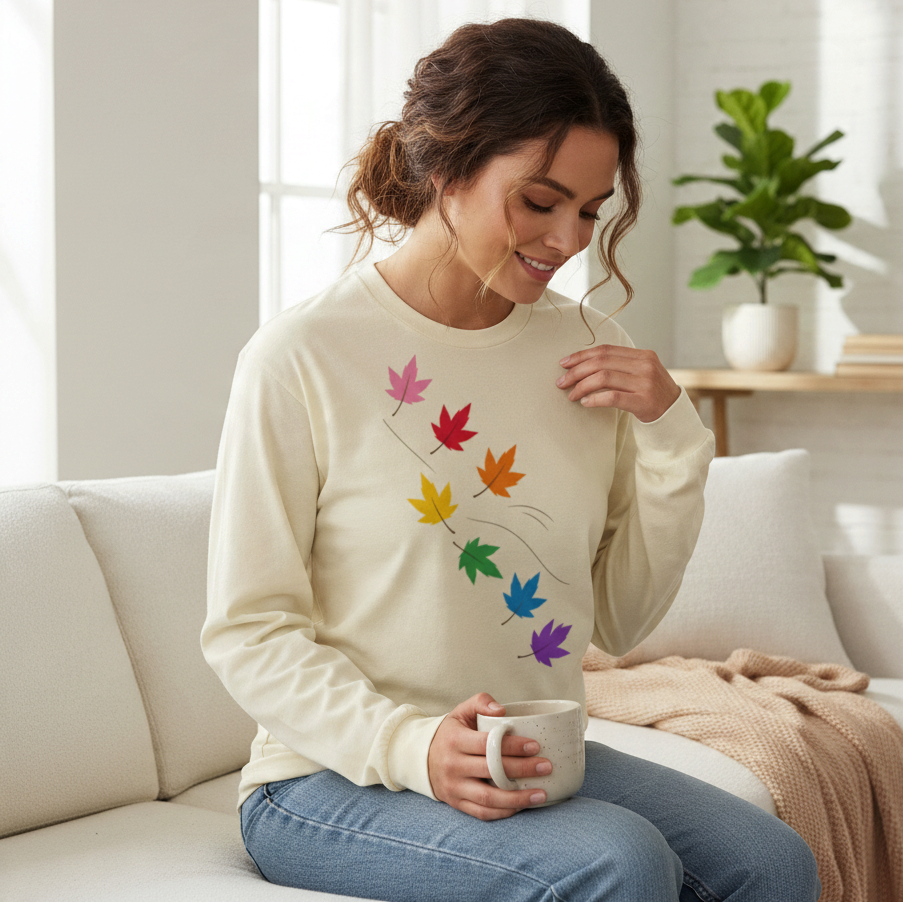 Woman wearing a Flaunt It cream long sleeve shirt with a diagonal pattern of colorful pride maple leaves