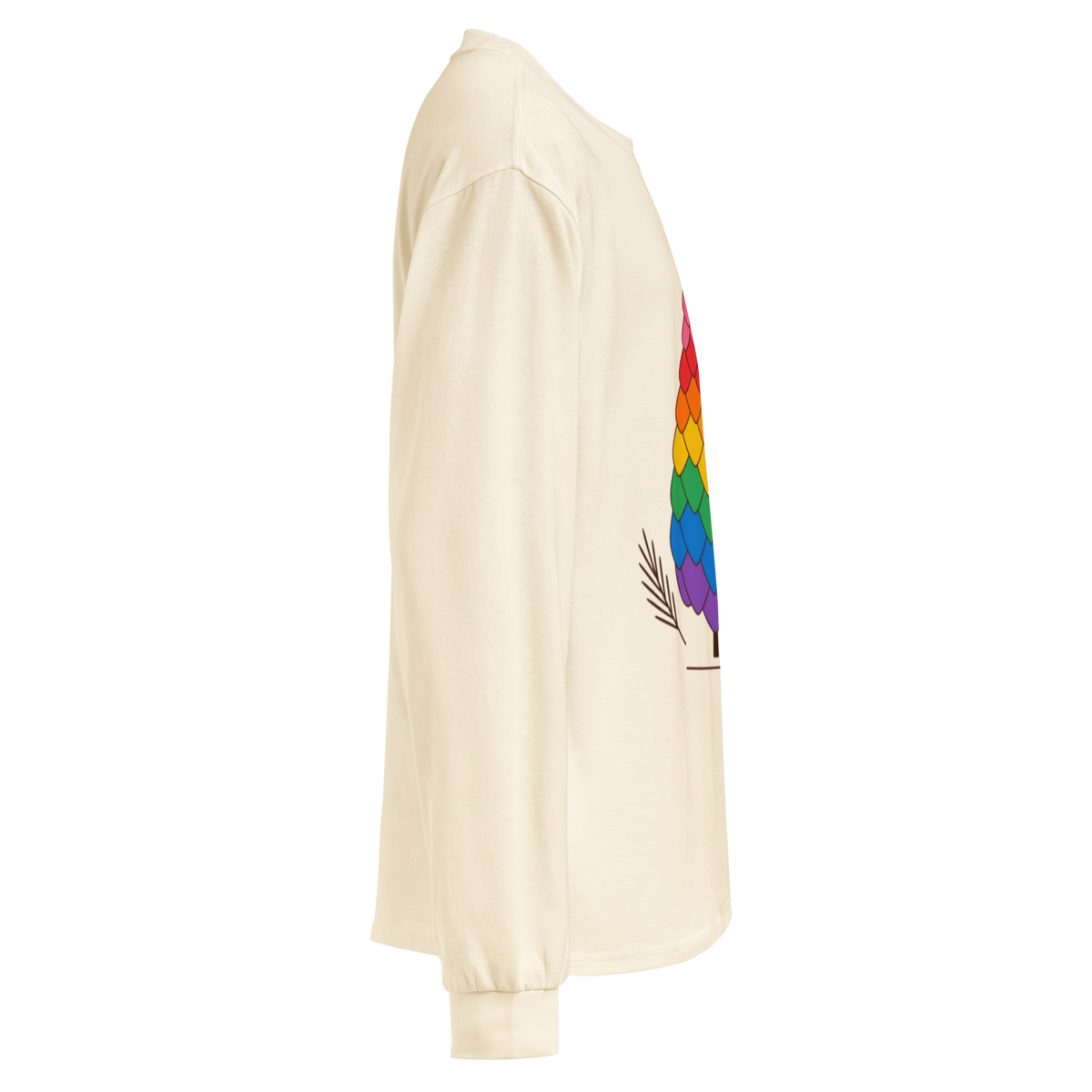 Flaunt It heavyweight long sleeve shirt in cream with a colorful rainbow pinecone graphic on the side