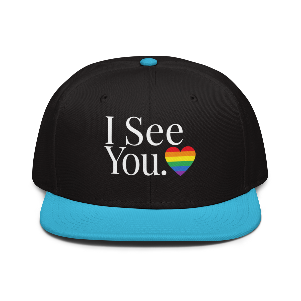 Flaunt It I See You Pride snapback cap in black with a bright blue flat visor and rainbow heart graphic