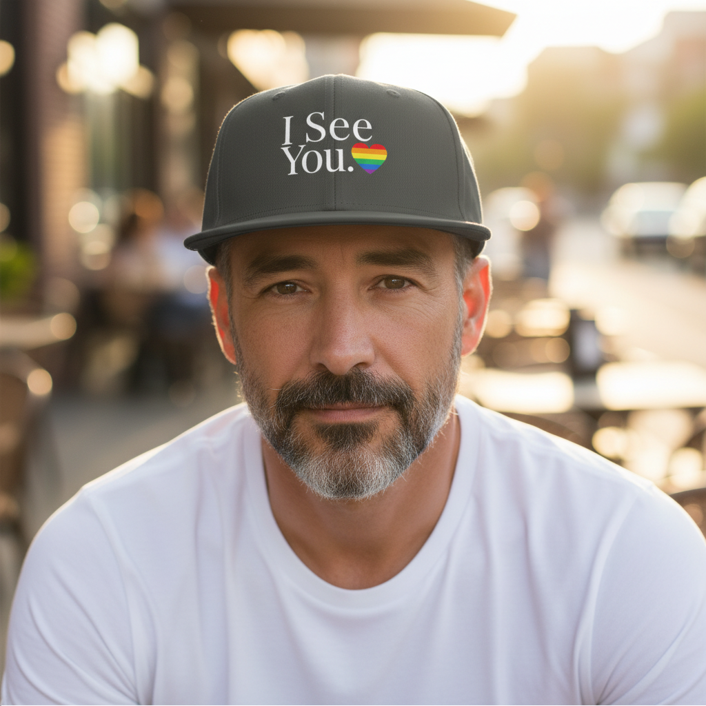 Flaunt It structured snapback cap in grey with I See You text and a rainbow heart, worn by a man outdoors.