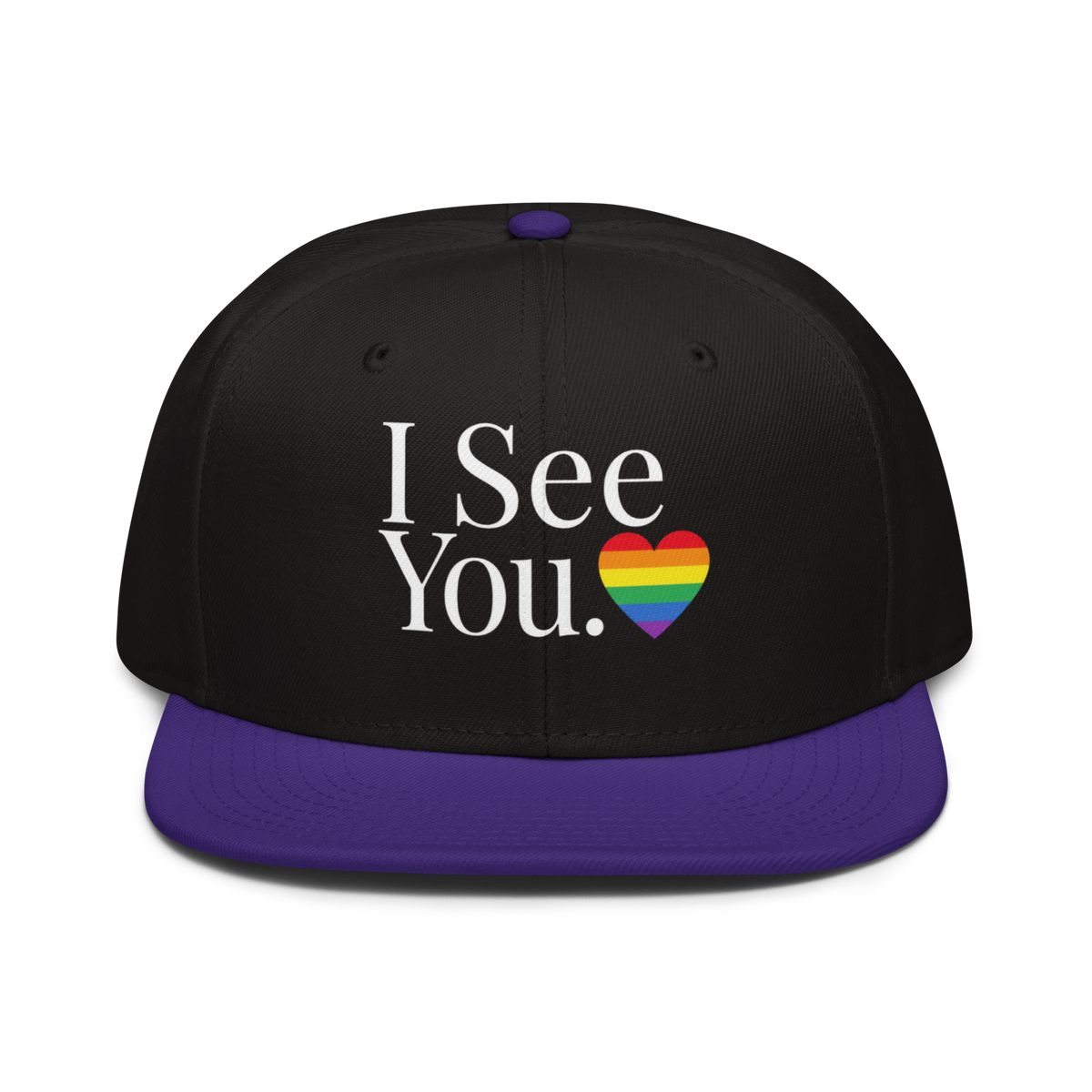 Flaunt It structured snapback cap in black and purple with I See You text and a rainbow heart graphic