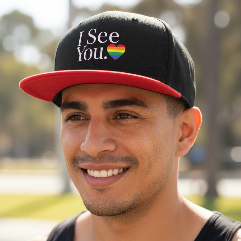 Flaunt It I See You Pride snapback cap with rainbow heart graphic worn by a smiling man outdoors