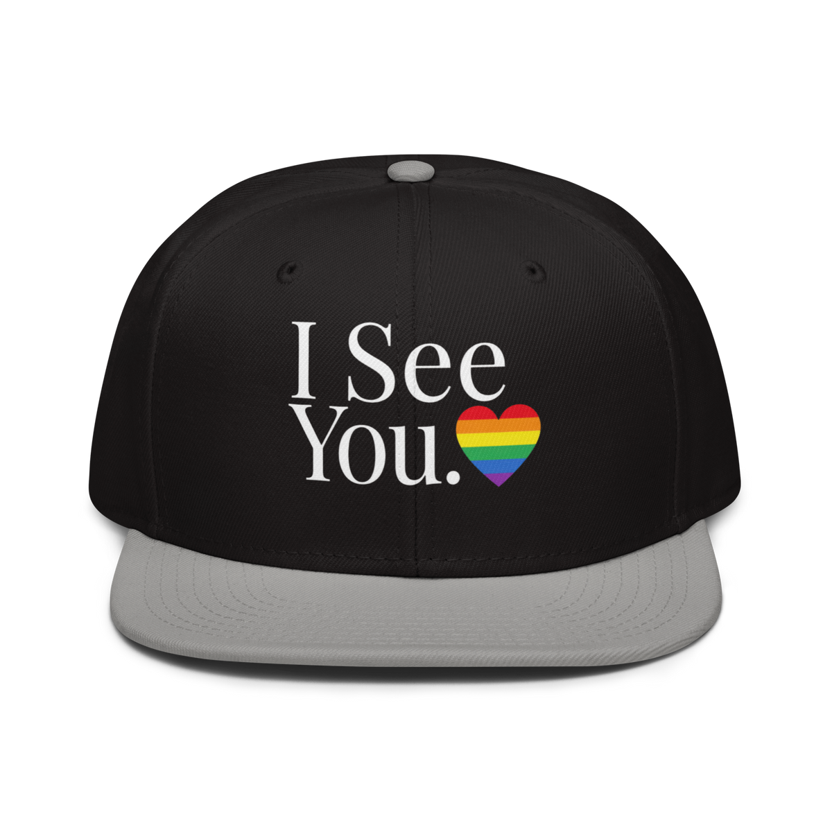 Flaunt It black snapback cap with white I See You text and a rainbow heart graphic on the front