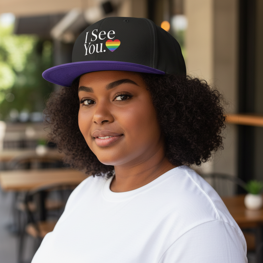 Flaunt It I See You Pride snapback cap with rainbow heart graphic worn by a woman in a casual outdoor setting