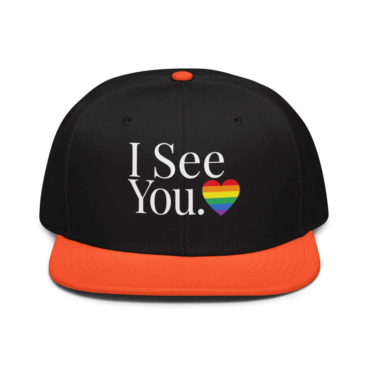 Flaunt It I See You Pride snapback cap in black with an orange visor and a rainbow heart graphic