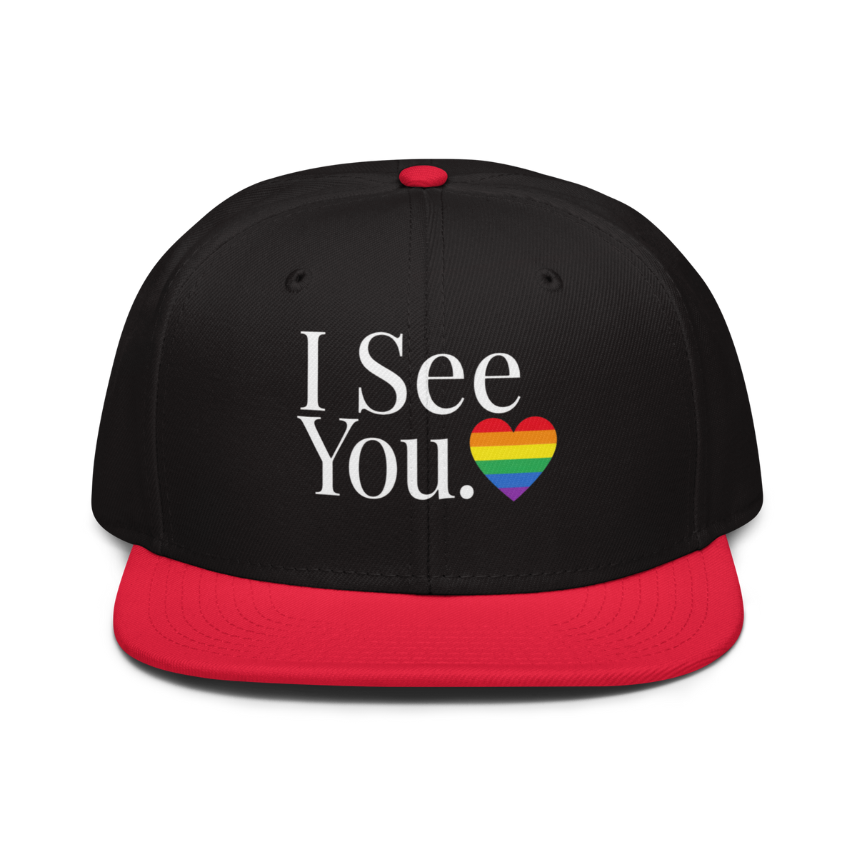 Flaunt It I See You Pride snapback cap with black crown, red flat visor, and rainbow heart graphic embroidery.