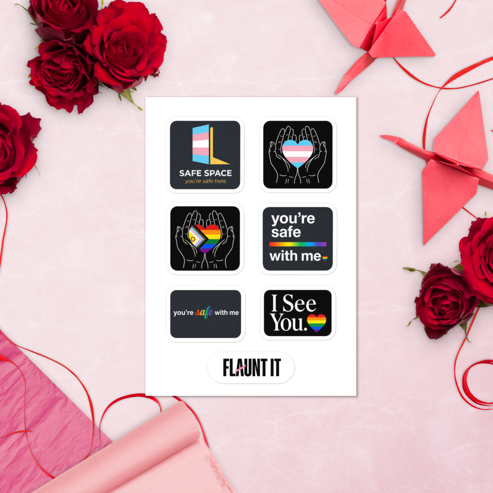 Flaunt It sticker sheet featuring six glossy pride-themed designs with trans and progress pride flag motifs.