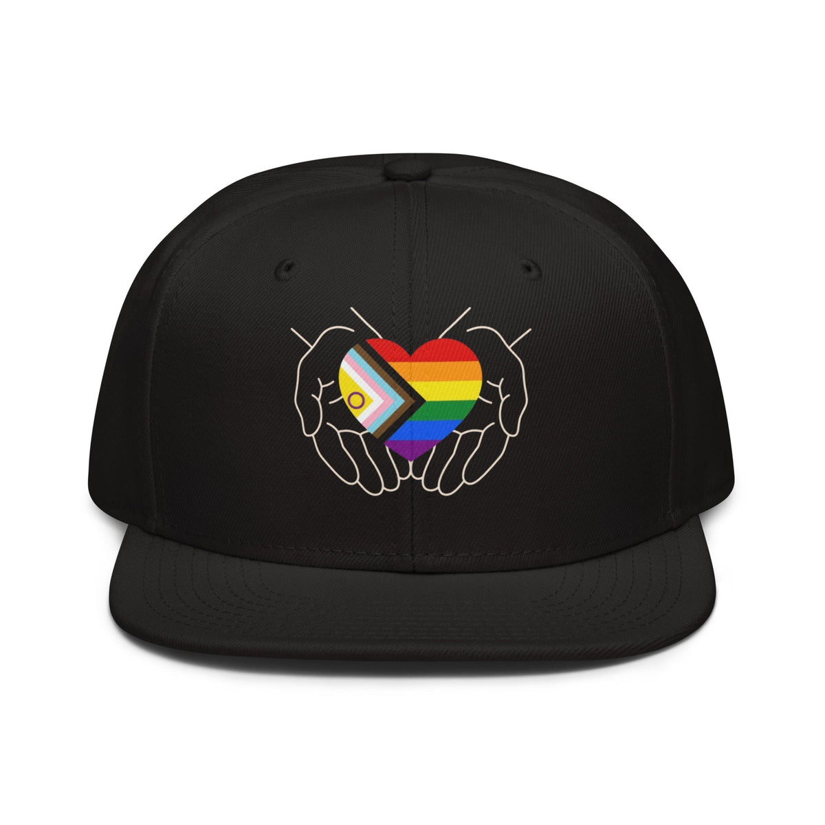 Flaunt It black snapback cap featuring a graphic of hands cradling a heart in the Intersex-Inclusive Progress Pride flag