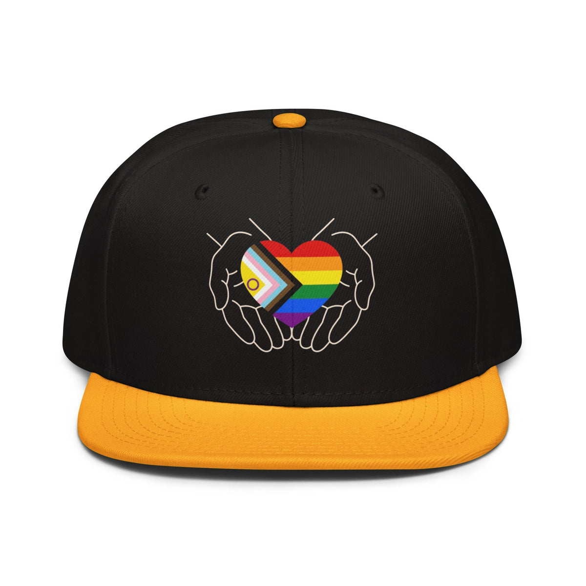Flaunt It snapback cap featuring hands cradling a heart in the Intersex-Inclusive Progress Pride flag colors.