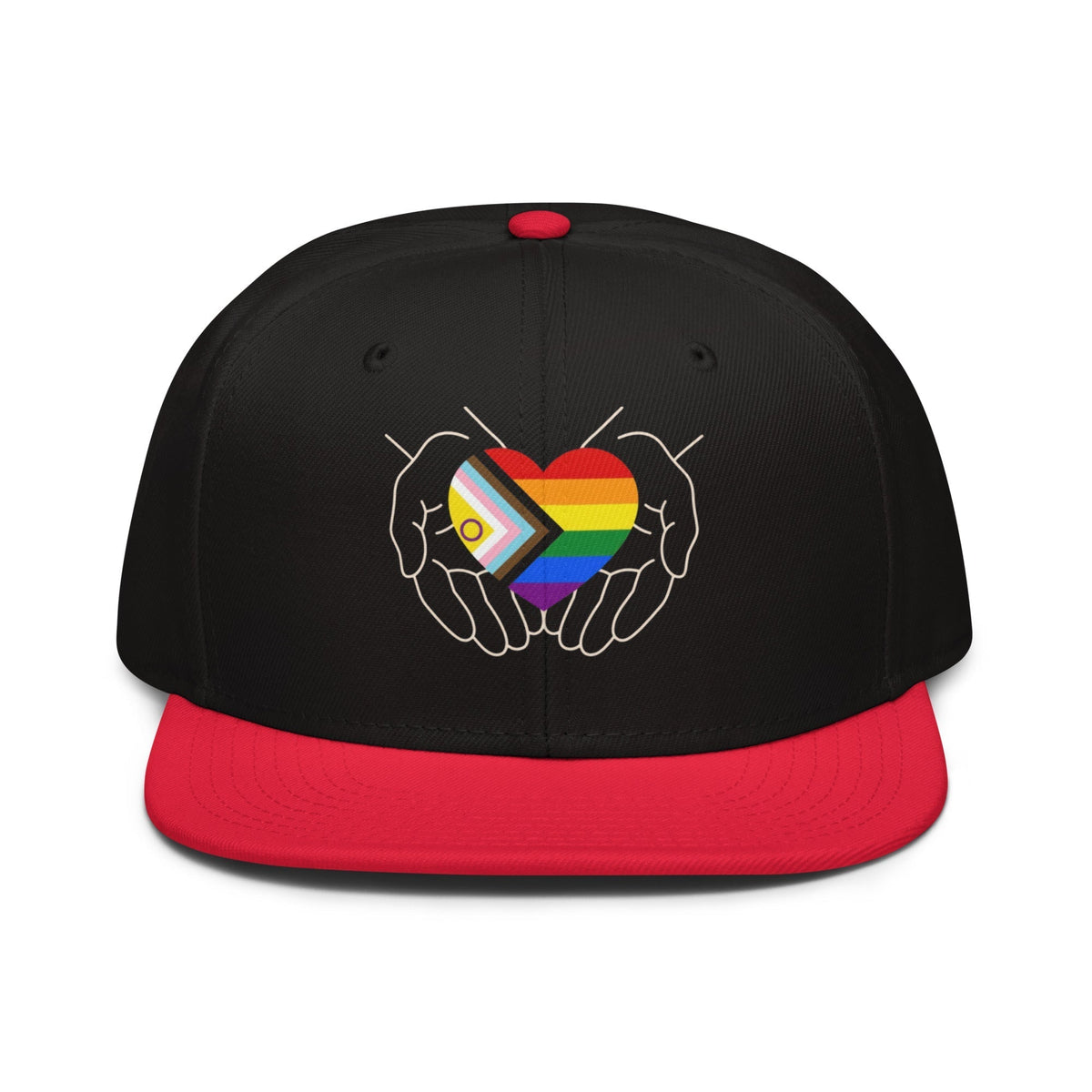 Flaunt It snapback cap featuring hands cradling a heart with the Intersex-Inclusive Progress Pride flag design.