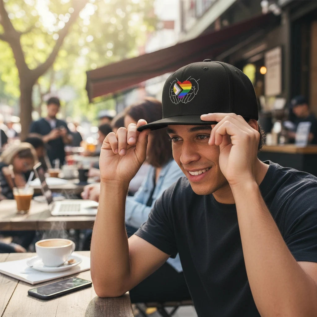 Flaunt It snapback cap featuring hands cradling a Progress Pride heart, worn by a smiling man at an outdoor cafe.