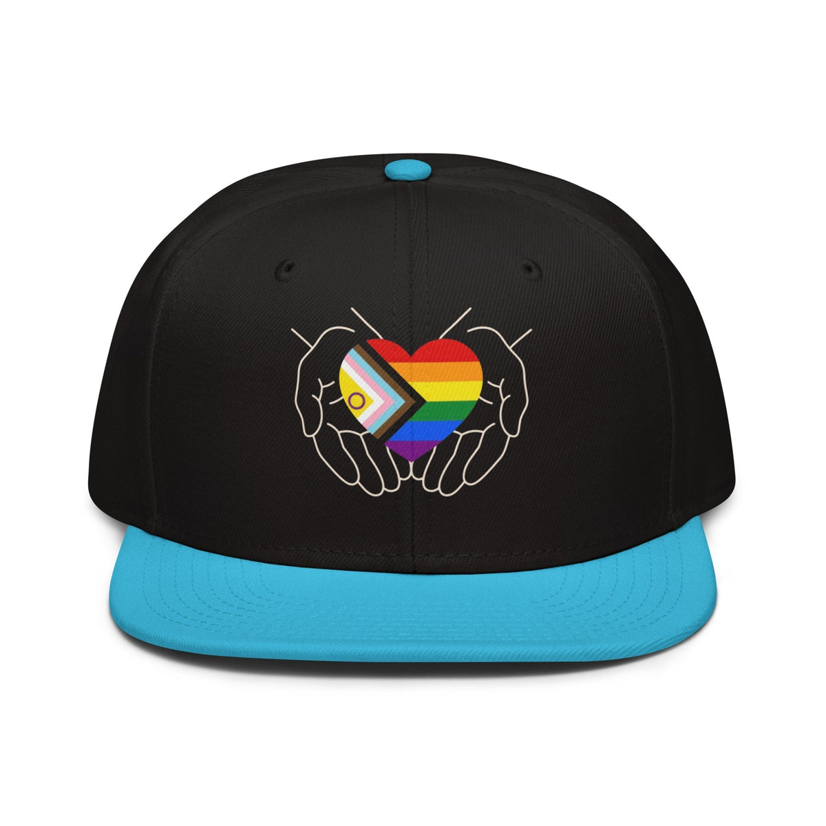 Flaunt It snapback cap featuring hands cradling a Progress Pride heart in black and bright blue