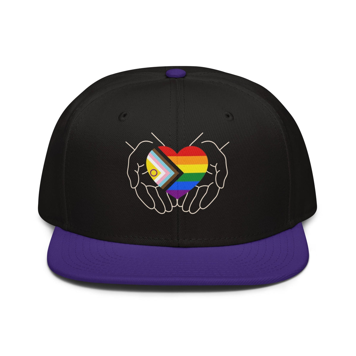 Flaunt It snapback cap featuring hands cradling a Progress Pride heart in black with a purple brim.