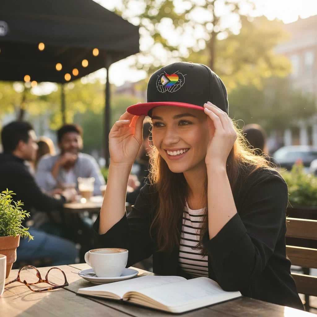 Flaunt It snapback cap featuring a heart in hands Progress Pride flag design worn by a woman at an outdoor cafe