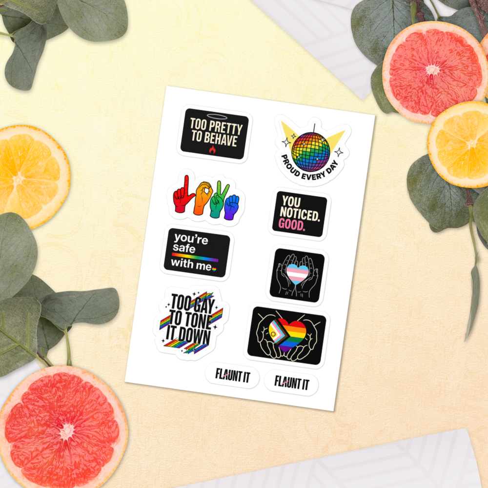 Flaunt It Proud All Year sticker sheet featuring eight colorful LGBTQ+ pride designs on a glossy white background.