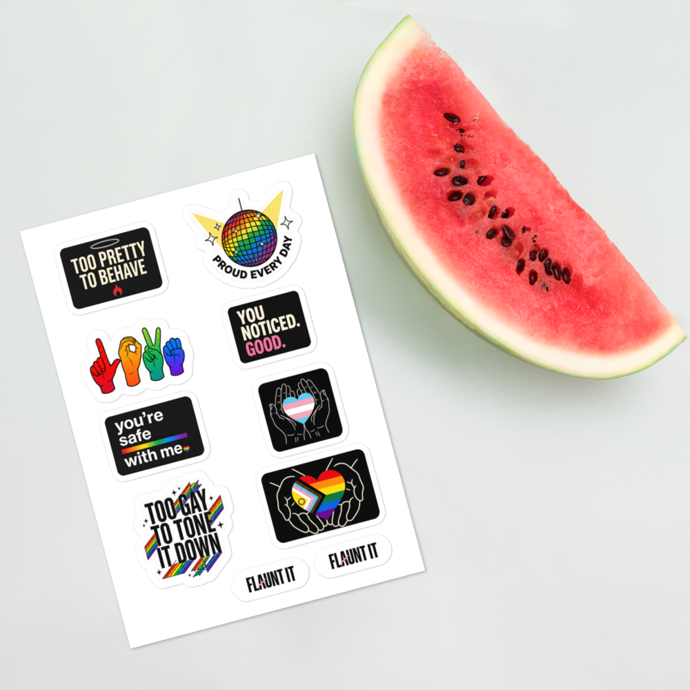 Flaunt It Proud All Year sticker sheet featuring eight colorful LGBTQ+ pride designs next to a slice of watermelon.