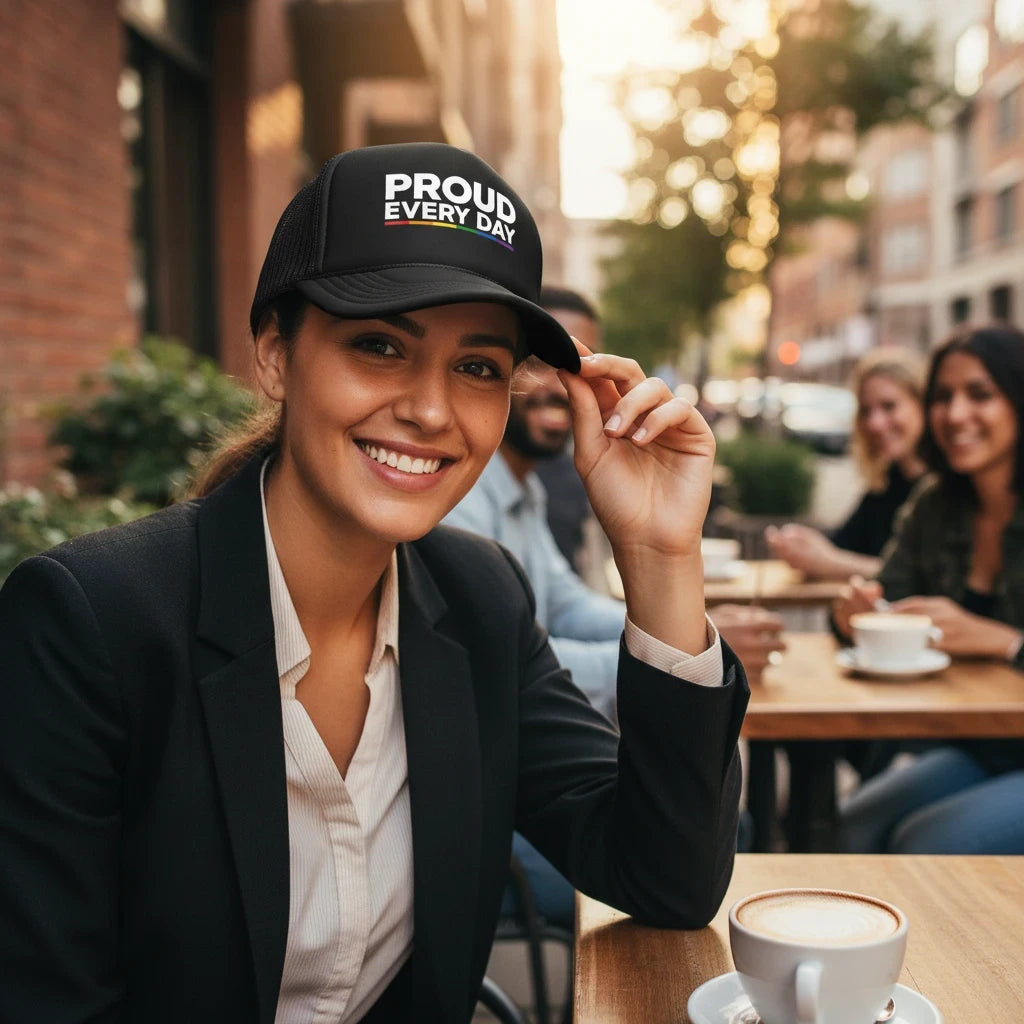 Flaunt It Proud Every Day black structured trucker cap with rainbow accent text worn by a smiling woman at a cafe